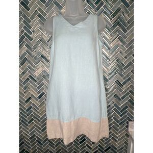 WOMENS iLINEN XS LIGHT BLUE TAN COLORBLOCK SLEEVELESS LINEN SHIFT DRESS POCKETS‎